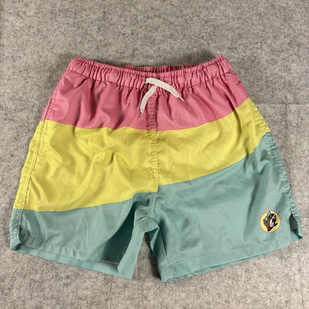 Buc-ees Bucees Swim Trunks Pink Yellow Green Bright w/ Pockets Mens L Mid Length